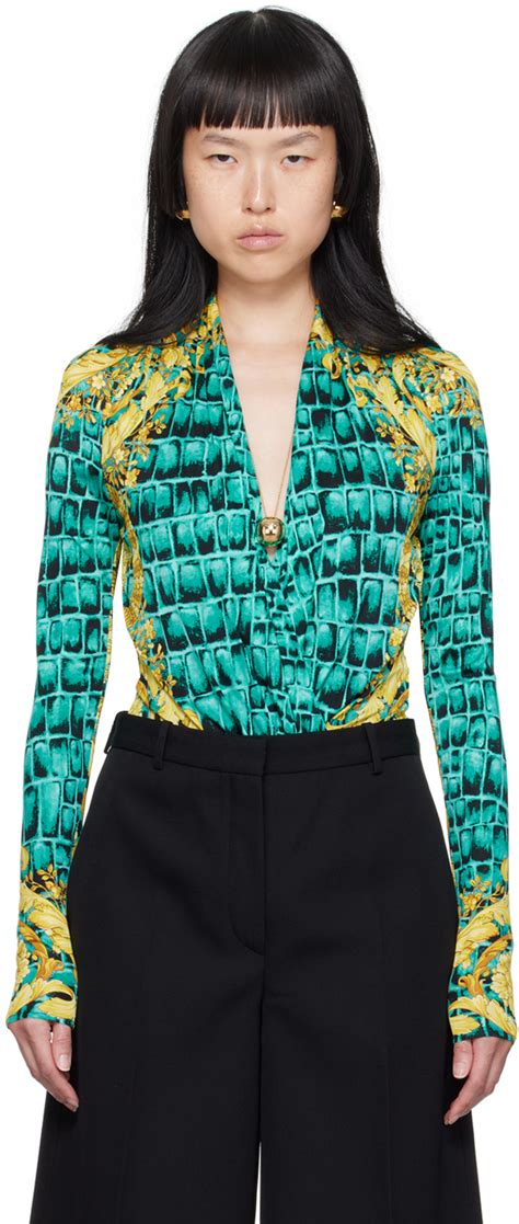 silk women versace blue and gold button up|Versace women's bodysuit.